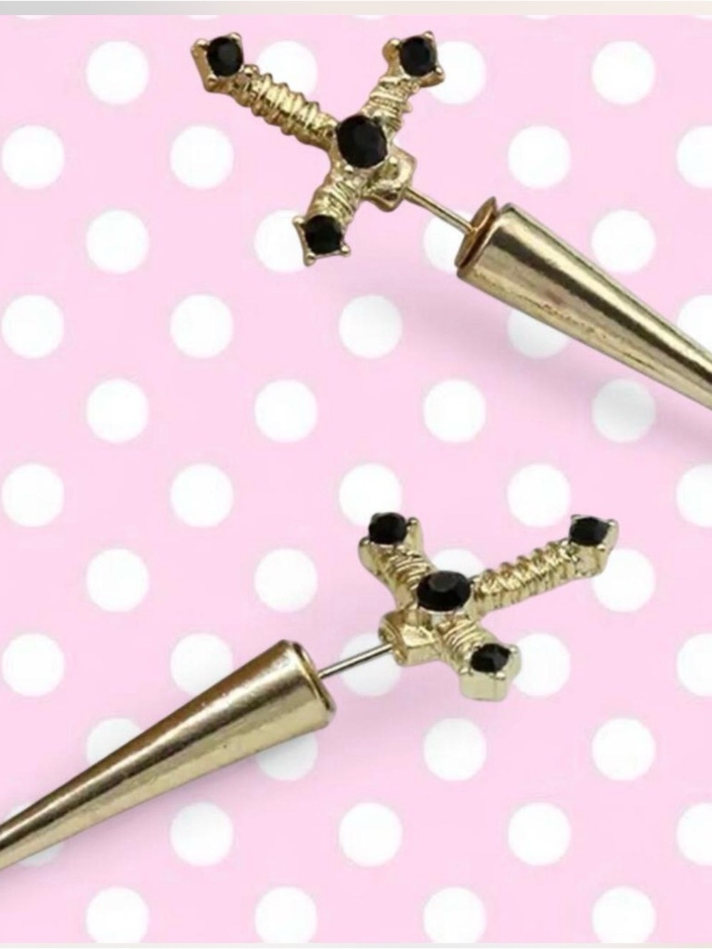 Gold Cross Spike Stud Earrings with Black Stones .